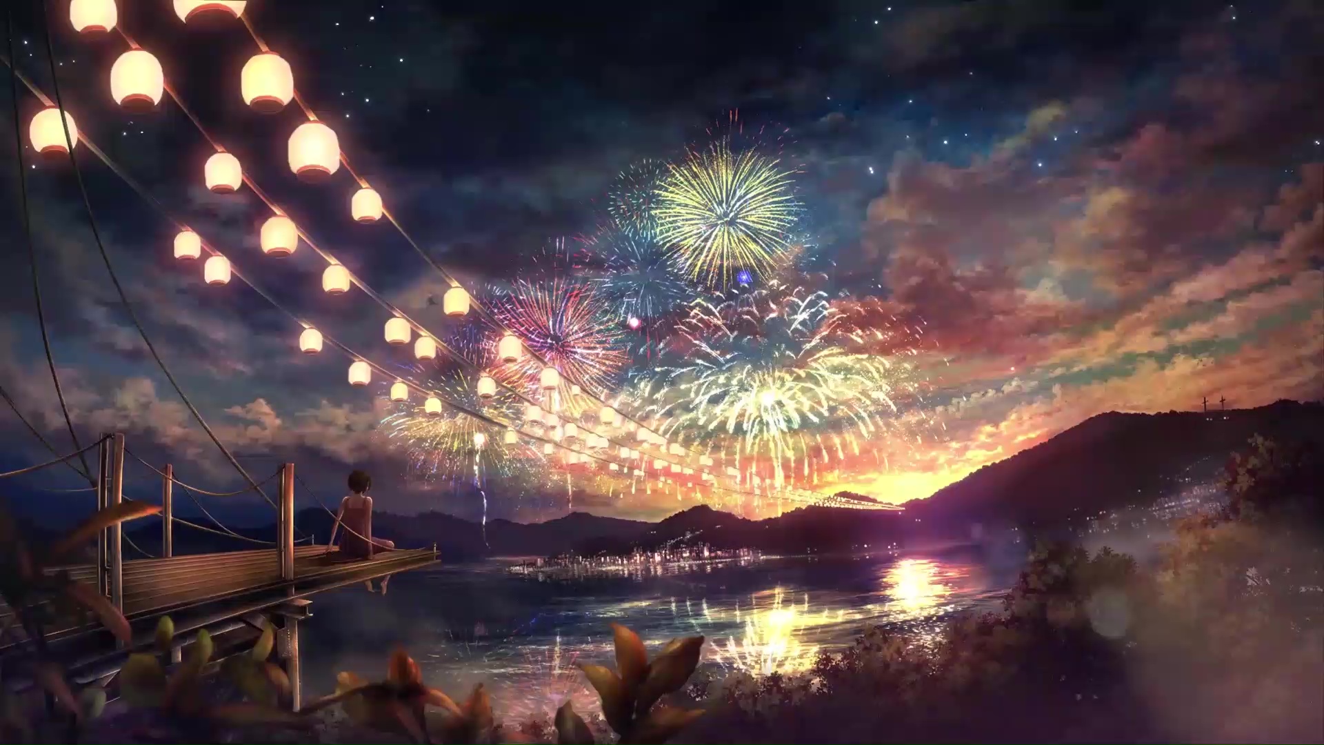 Download Romantic Anime Couples Fireworks Boat Wallpaper | Wallpapers.com