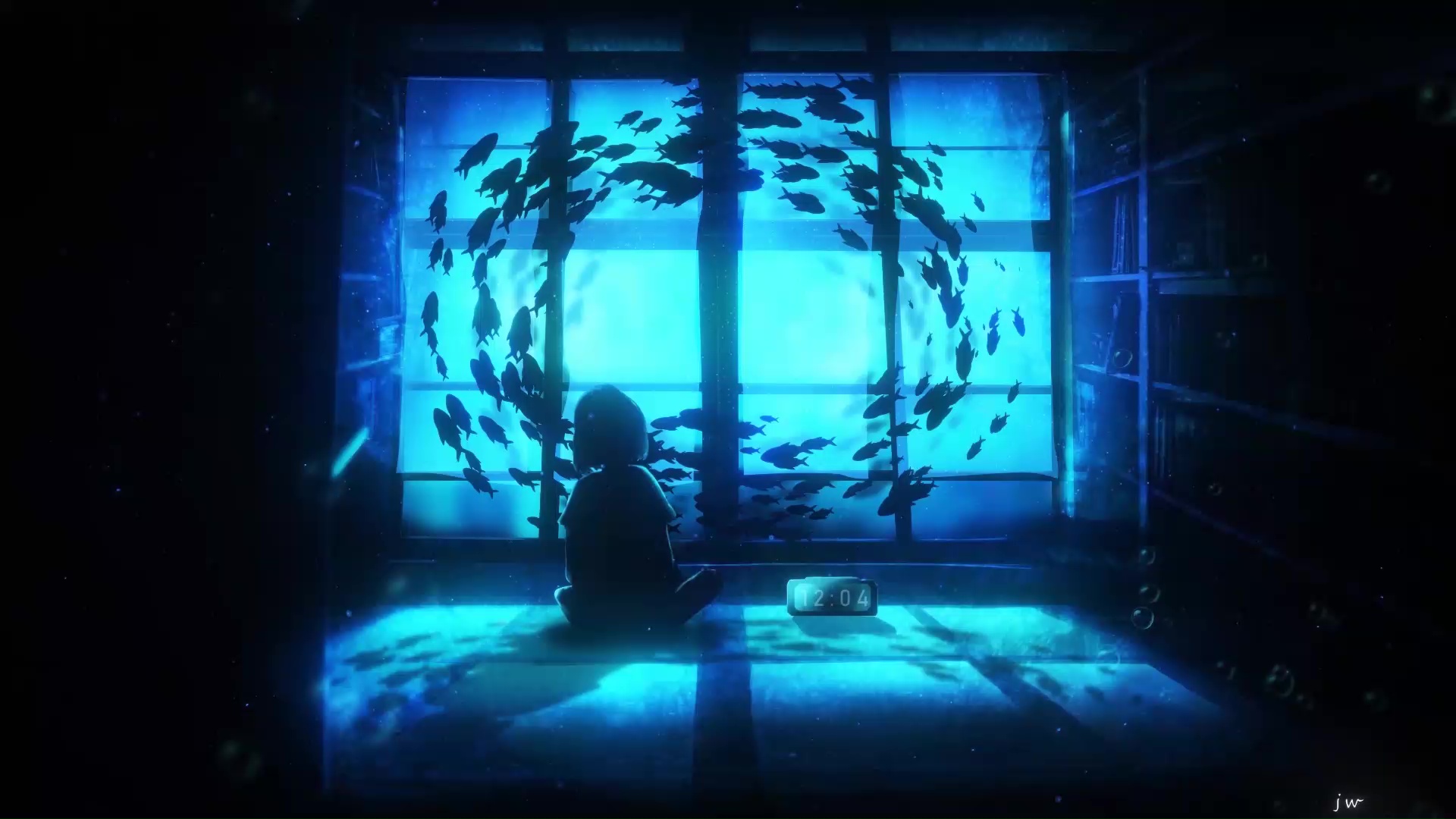 Anime Girl Sitting Near Aquarium Live Wallpaper - WallpaperWaifu
