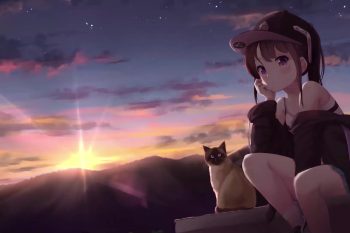 Anime-Girl-And-Cat-At-Sunset-Thumb