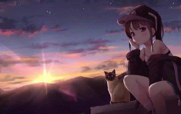 Anime-Girl-And-Cat-At-Sunset-Thumb