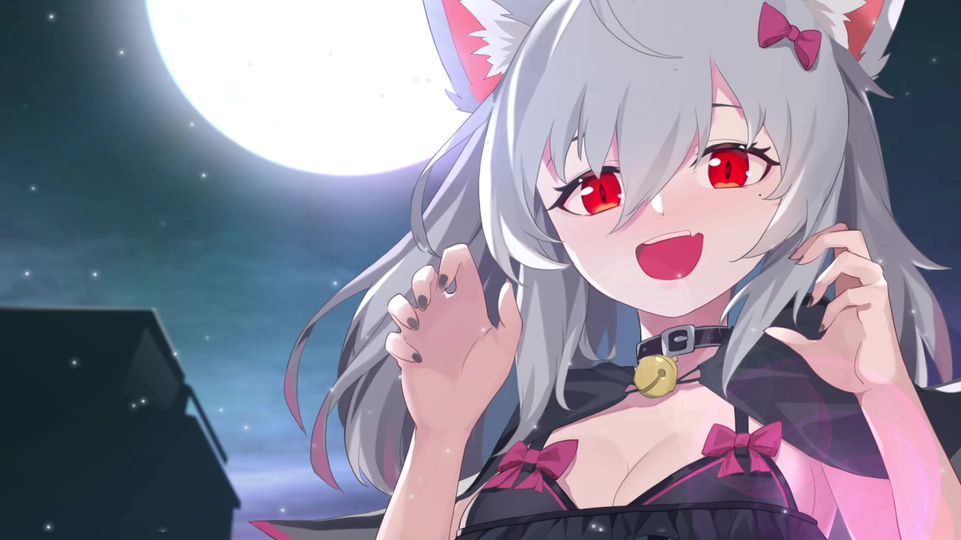 Cute Anime Wolf Girl With Moon Live Wallpaper - WallpaperWaifu