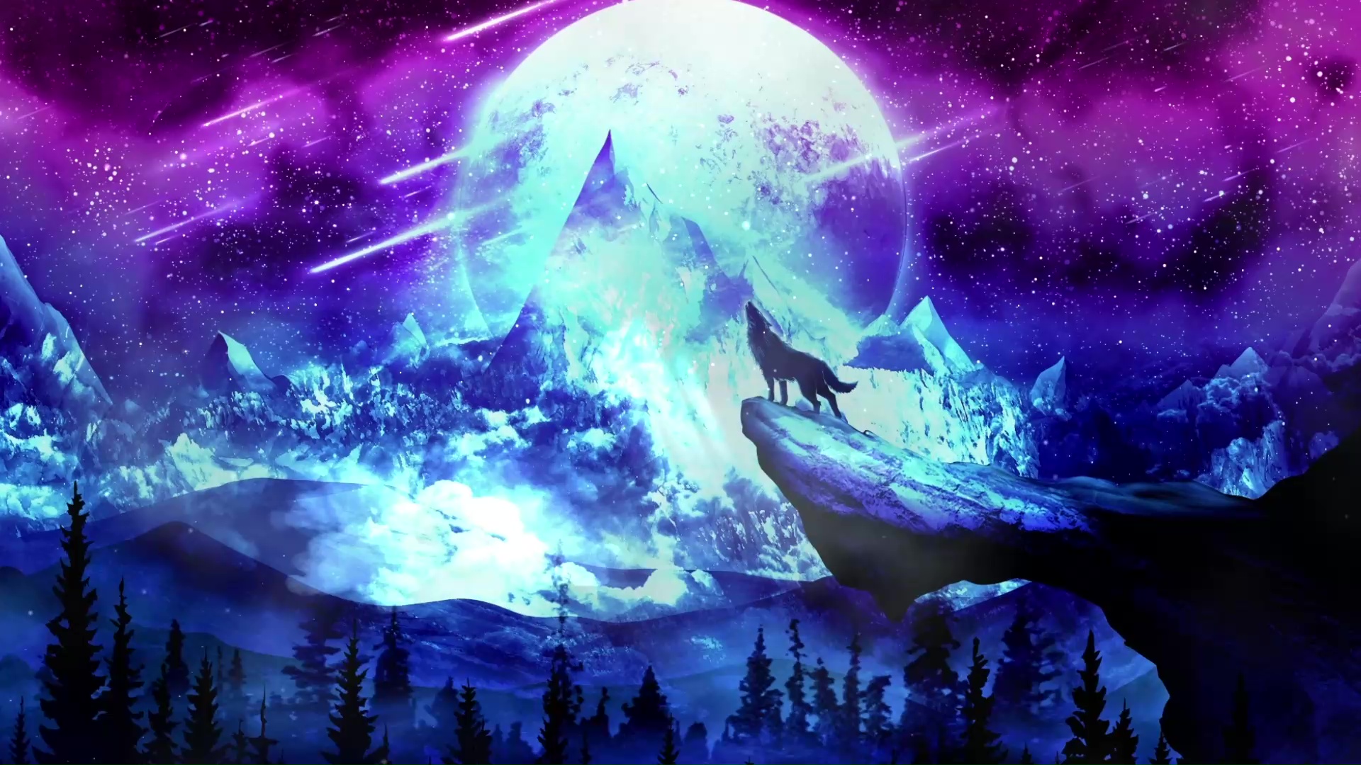 dark moonlight mountain top with howling wolf