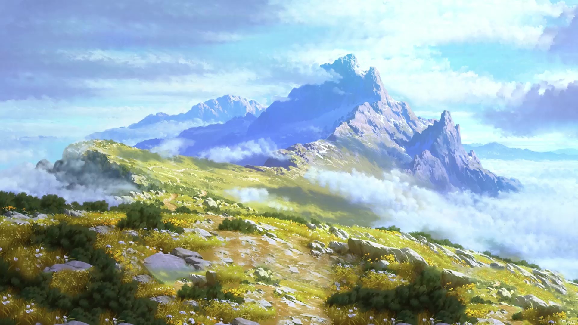 Anime scenery with a river and mountains on Craiyon