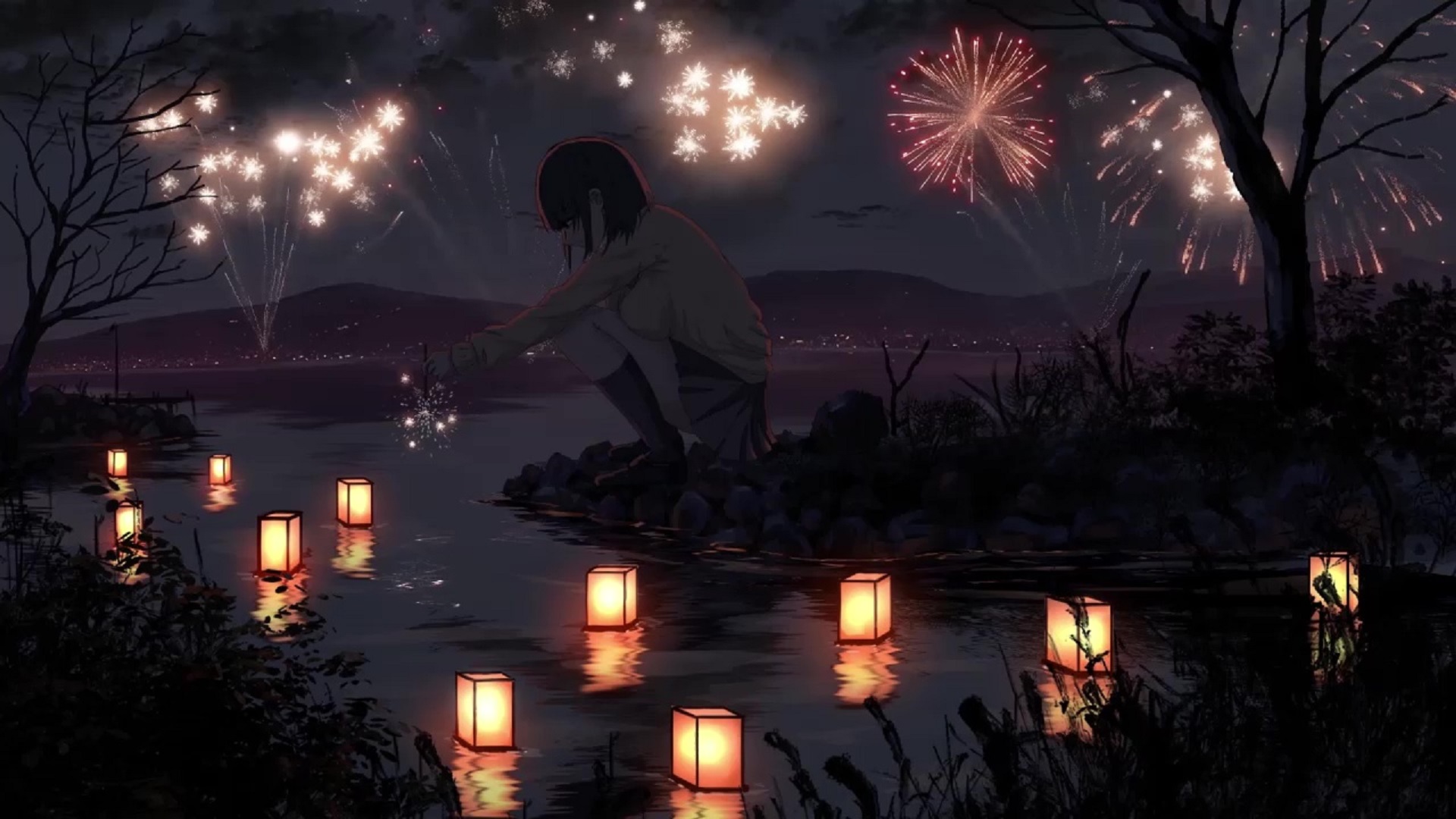 HD wallpaper: anime, fireworks, cartoon, sea foam, night sky | Wallpaper  Flare