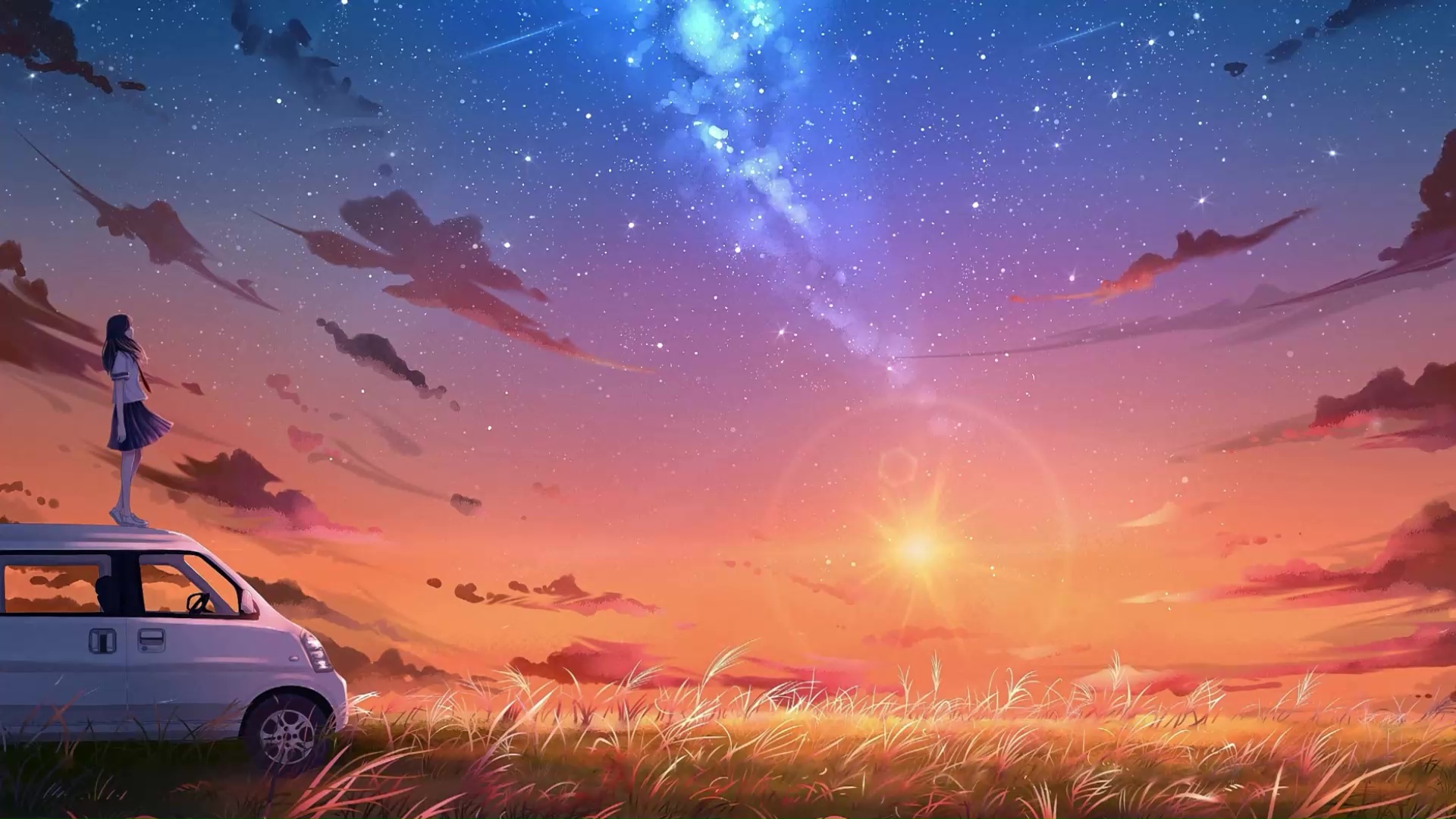 prompthunt: an anime landscape!! view of japan in the sunset by makoto  shinkai from your name, masterpiece, the comet is striking the sky
