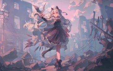 Anime Cat Girl With Doves In Ruined City thumb