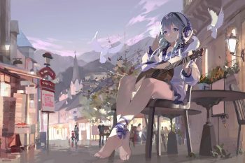 Anime Girl Playing Guitar While Sitting In Street Cafe thumb