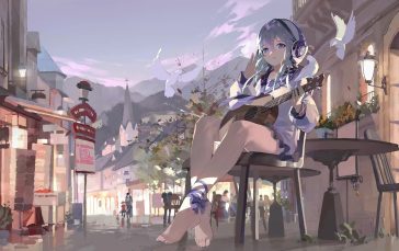 Anime Girl Playing Guitar While Sitting In Street Cafe thumb