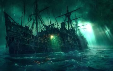 Ghost Ship in Stormy Sea with Green Clouds and Rain thumb