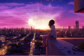 Lofi Girl Sitting City Top In Front Of Sunset thumb