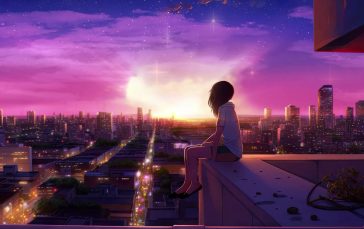 Lofi Girl Sitting City Top In Front Of Sunset thumb