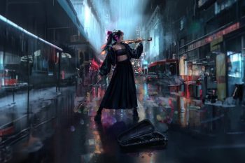 Violinist In The Rain On A City Street thumb