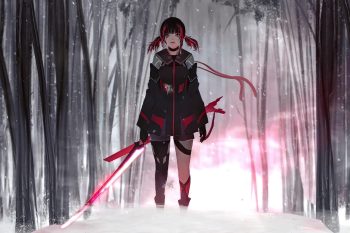 Anime Girl in Snow Forest with Crimson Blade thumb