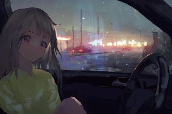Anime Girl in Car on a Rainy Evening thumb