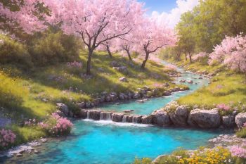 Blooming cherry trees along a stream thumb