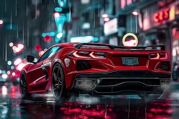 Red Chevrolet Corvette in the Rain thumb