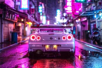 White Nissan Skyline R34 on a Neon Street thumb