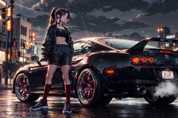 Anime Girl and Black Toyota Supra in the City at Night thumb