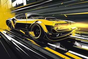 Black and Yellow Muscle Car Racing at High Speed thumb