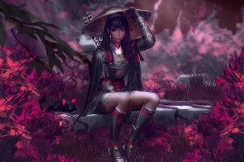 Samurai Girl Sitting in Rain thumb